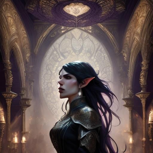 Dark Elf Stalks Ballroom in Dark Fantasy Art