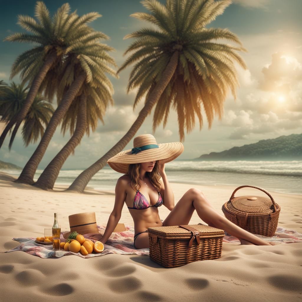 Bikini Girl's Summer Beach Picnic, Digital Painting