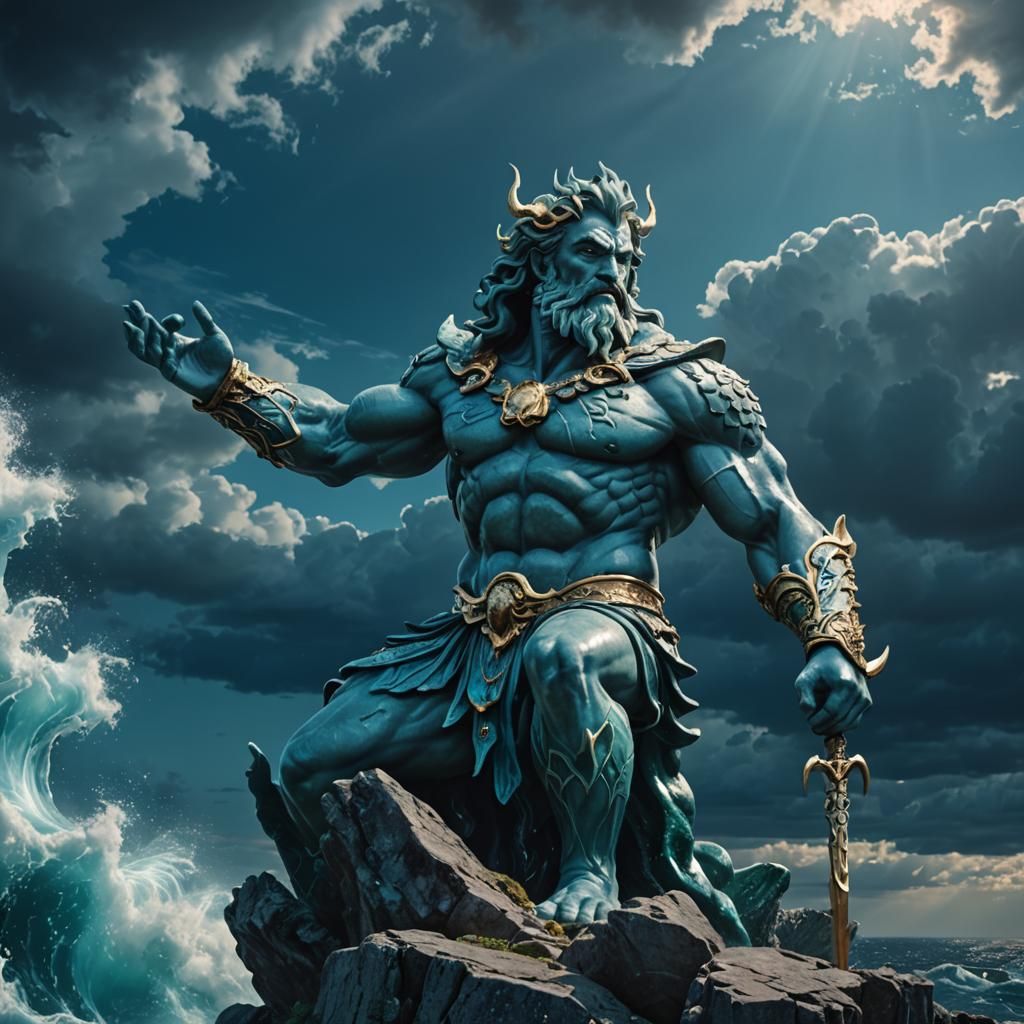 Poseidon Overlooking the Ocean, in Anime Style