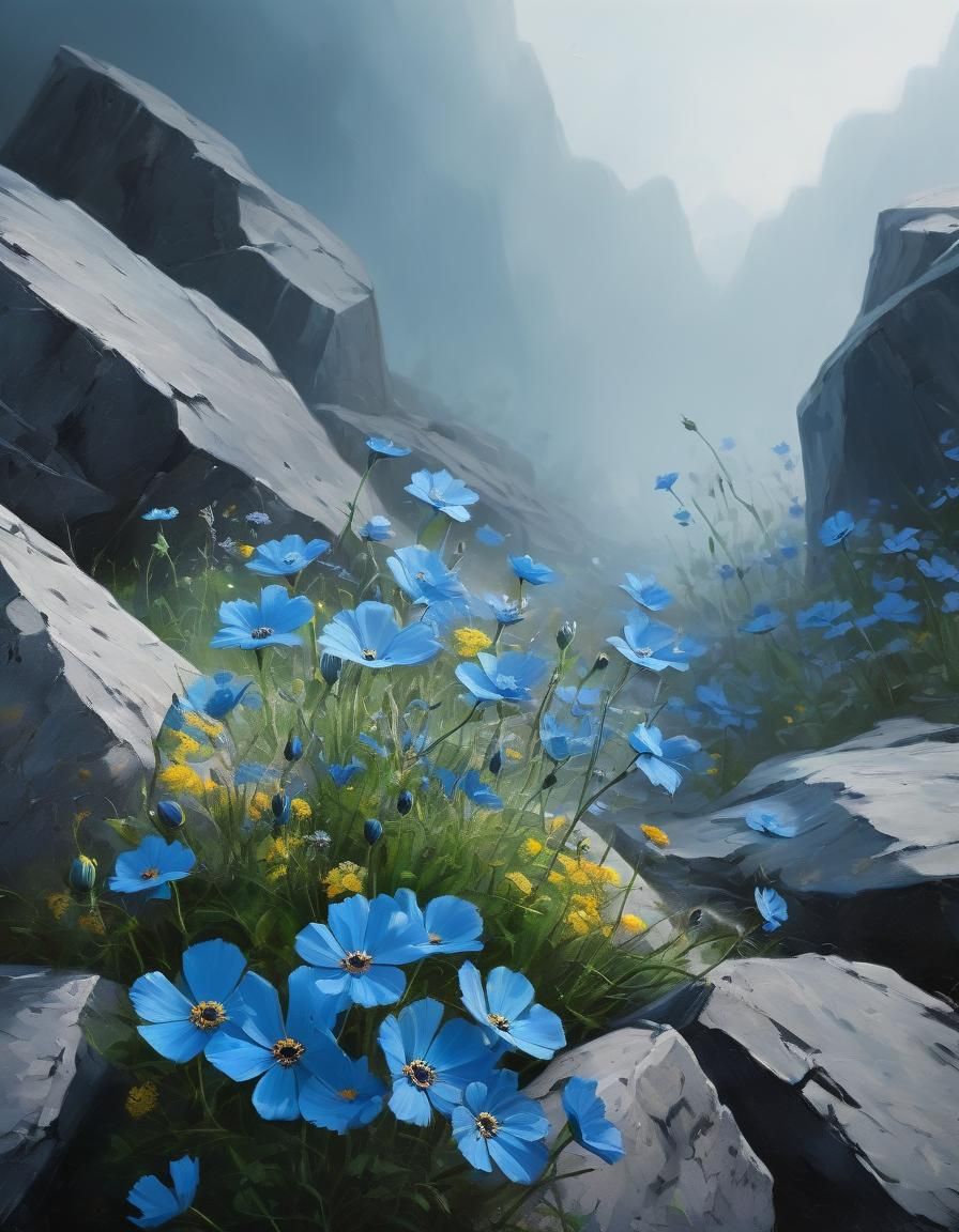 Blue Flowers Bloom Among Gray Rocks: Hyperdetailed Painting
