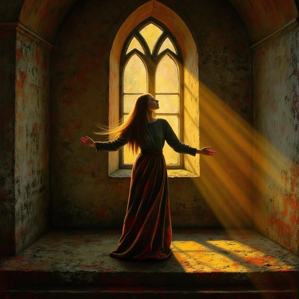 Pagan Woman in Sunlit Abandoned Church - Oil Painting Style