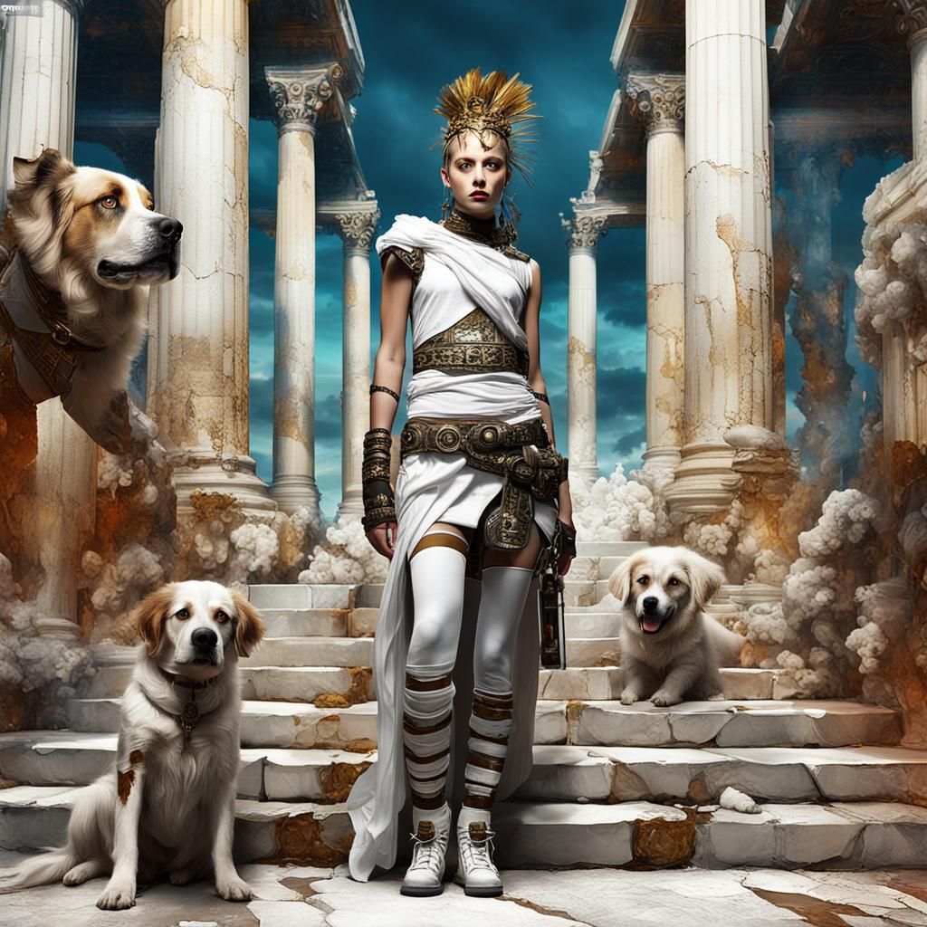 Cybergoth Model at an Art Exhibit in Neoclassical Style