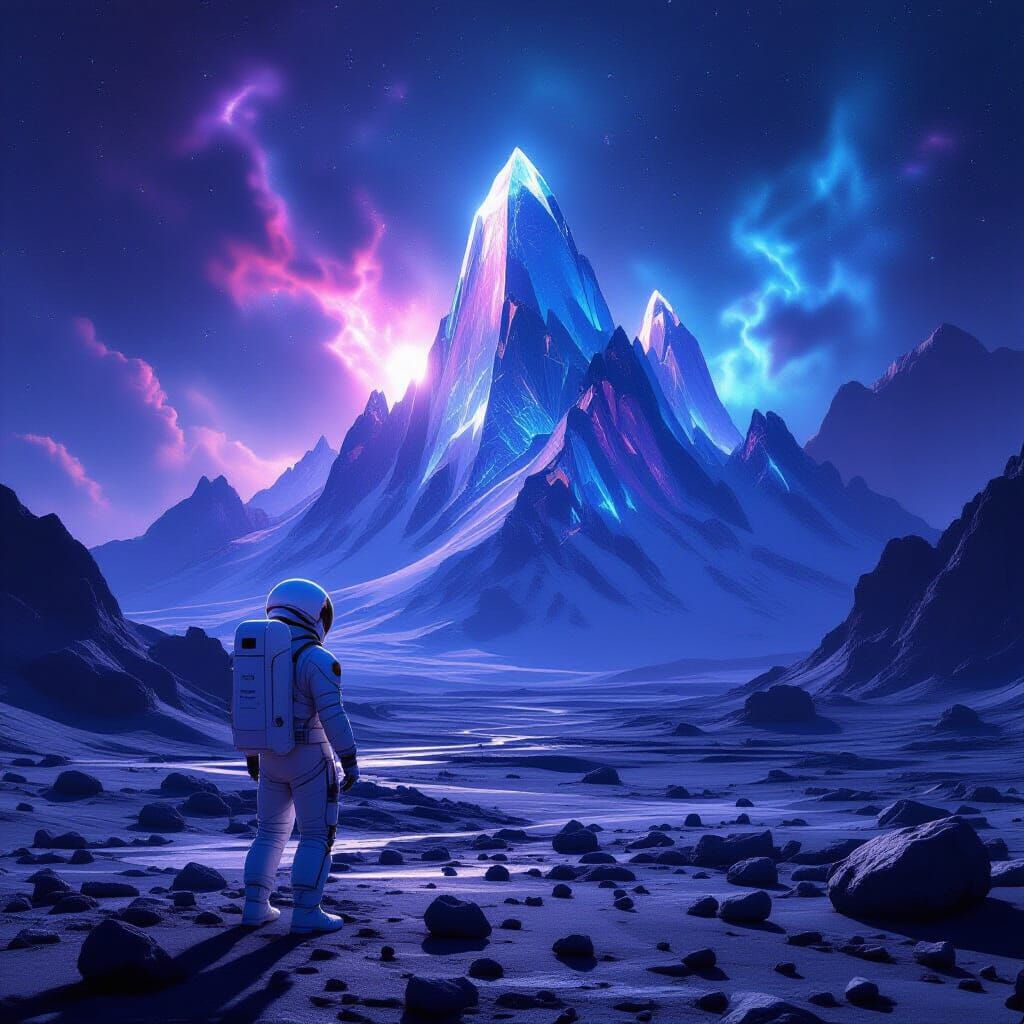 Astronaut Gazes at Crystalline Mountains on Alien World