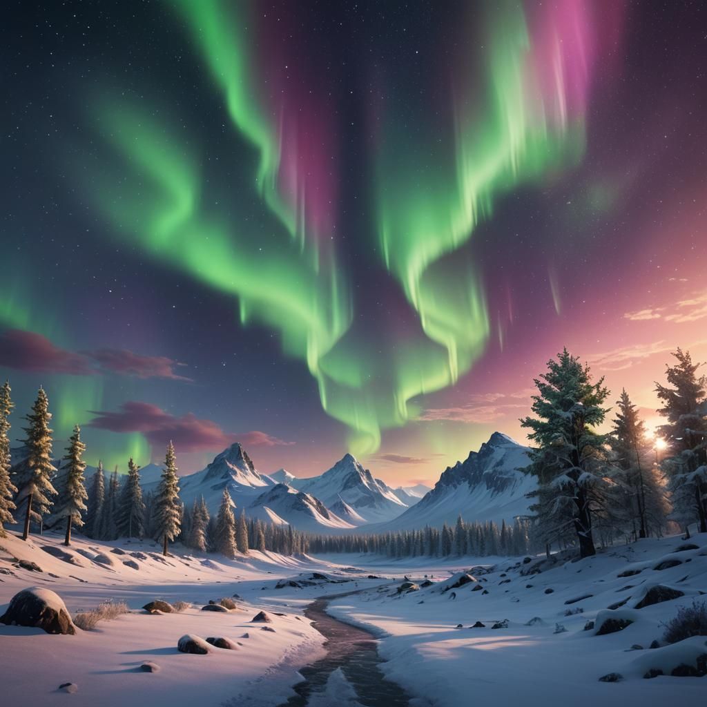 Cosmic Northern Lights Over Snowy Landscape