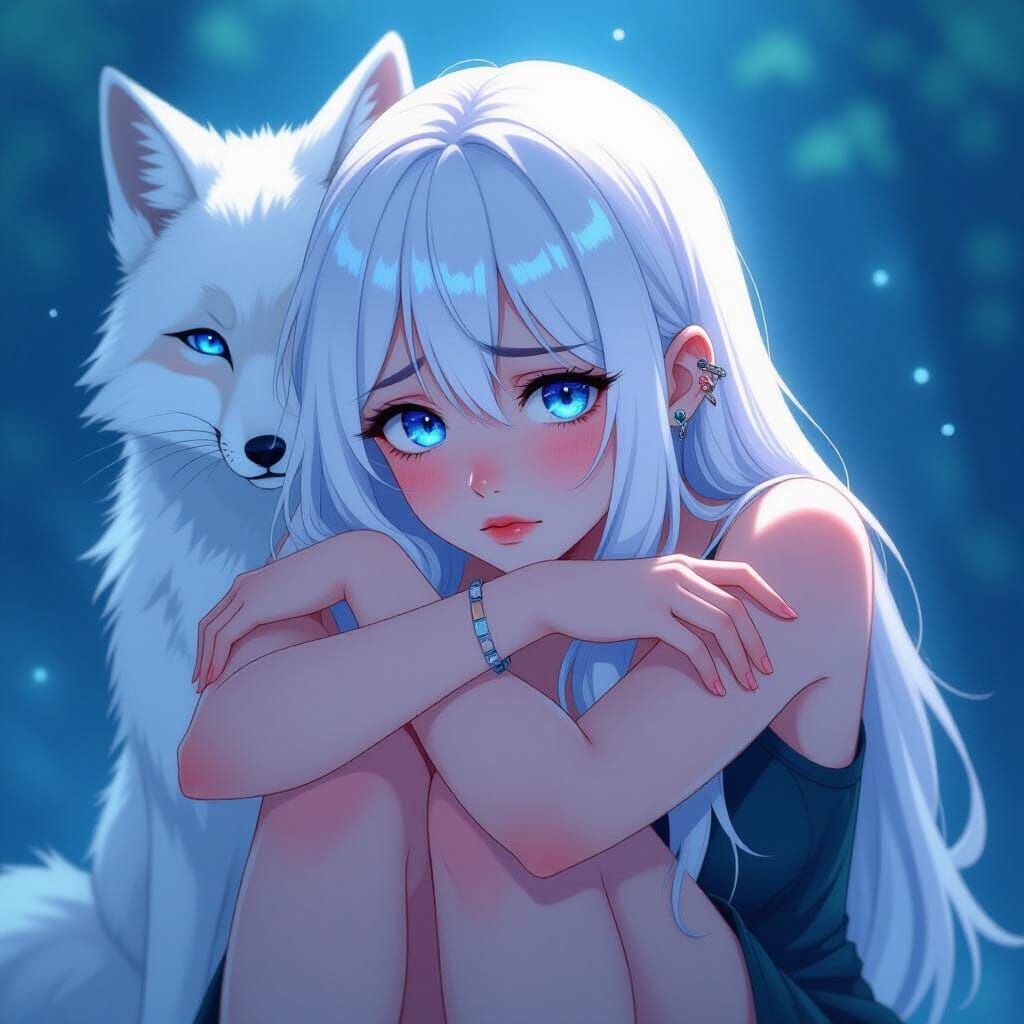 Sad Woman and White Fox in Anime Style