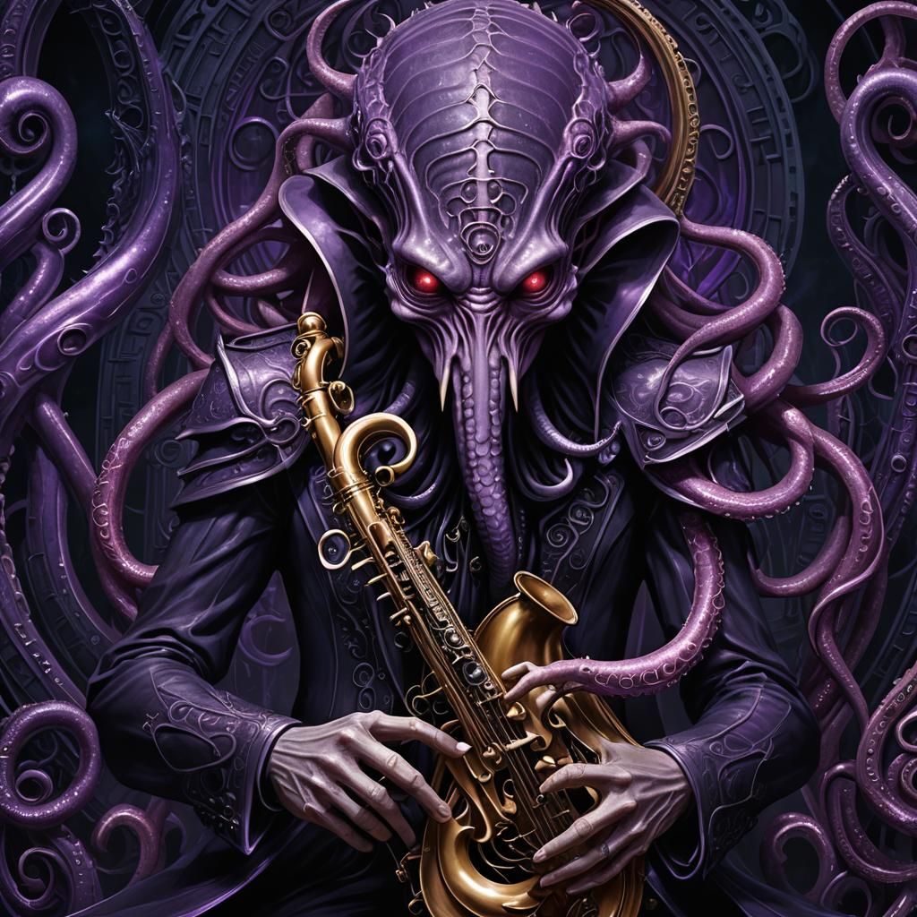 Mythical Cthulhu Plays Alto Clef Music on a Haunting Viola