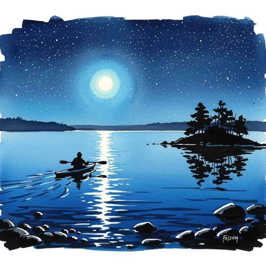Kayak on Starlit Lake: Watercolor Painting