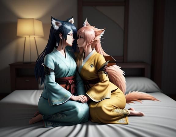 Two Kitsune Kissing in Manga-Inspired 3D Art