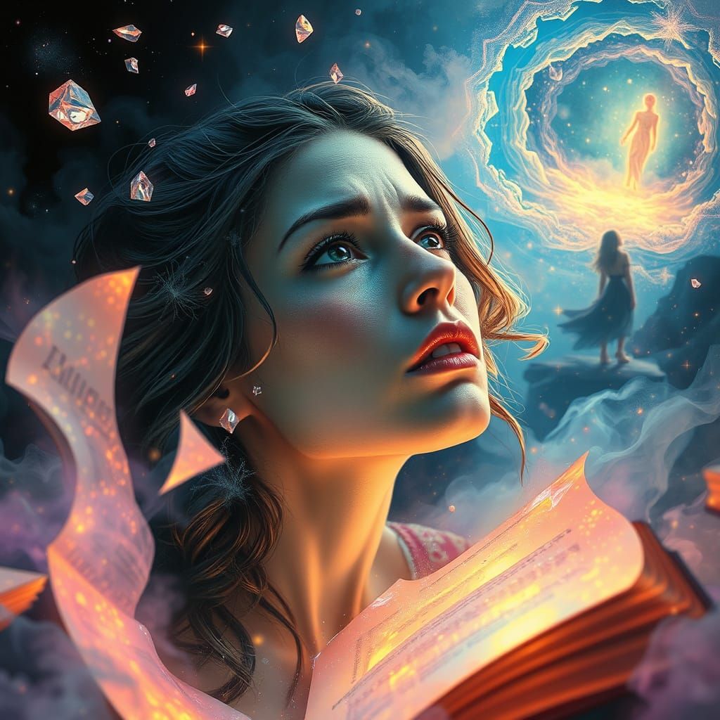 Heartbroken Woman in a Shattered Book Realm