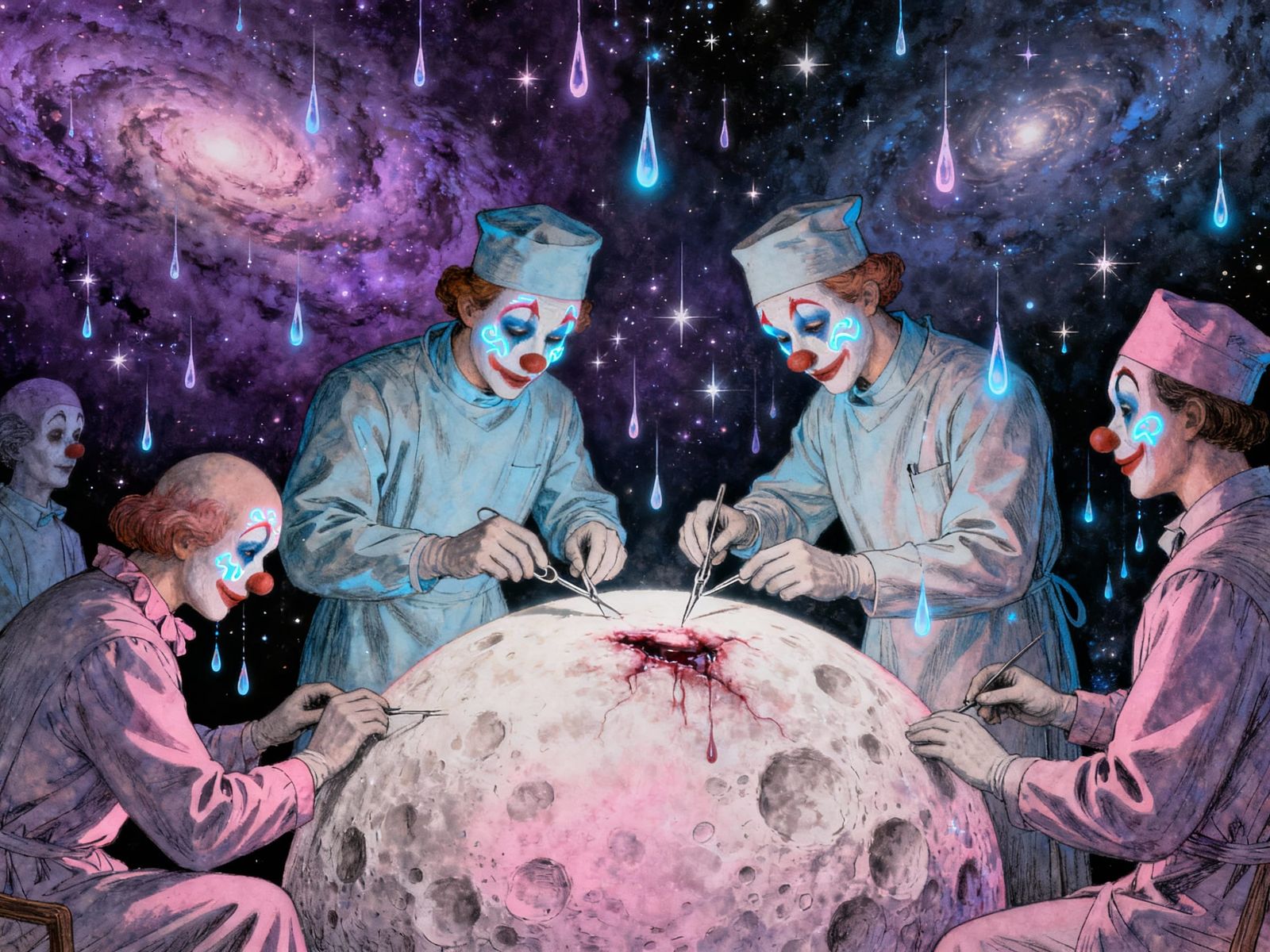 Clown Doctors Perform Moon Surgery Amidst Cosmic Wonders