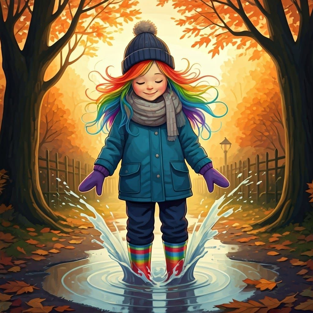 Rainbow Girl Splashing in Autumn Puddle, Miyazaki Style