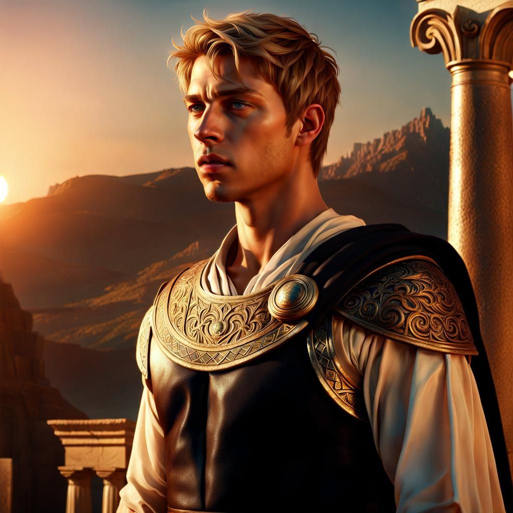 Teen in Greek Clothing at Sunset