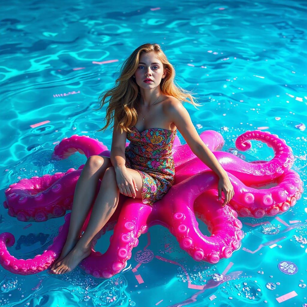 Luminous Woman on Gummy Octopus in Surreal Soda Ocean