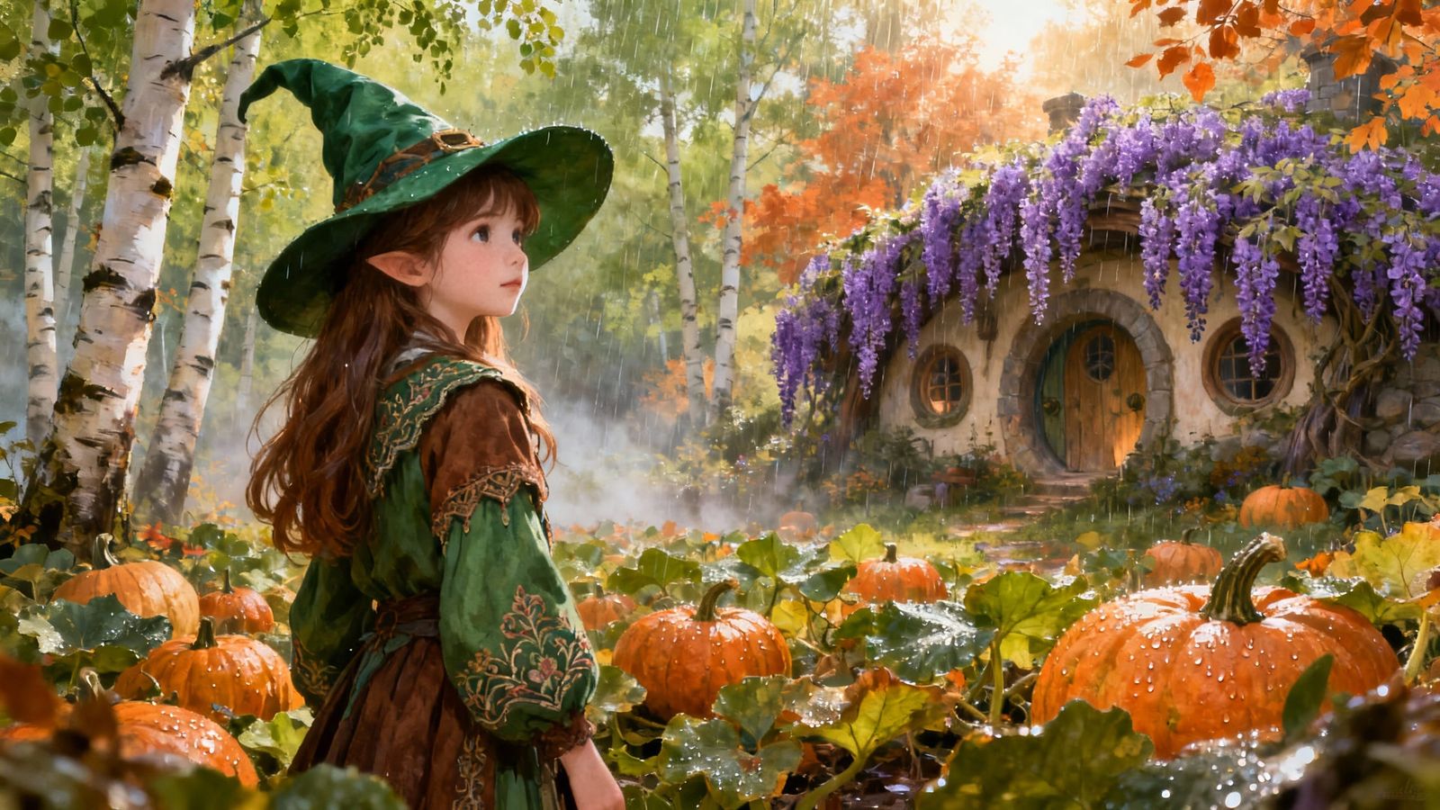Fantasy Hobbit Witch in Autumn Garden