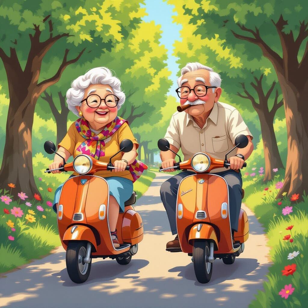 Playful Granny Couple Chase Scene in Cartoon Style
