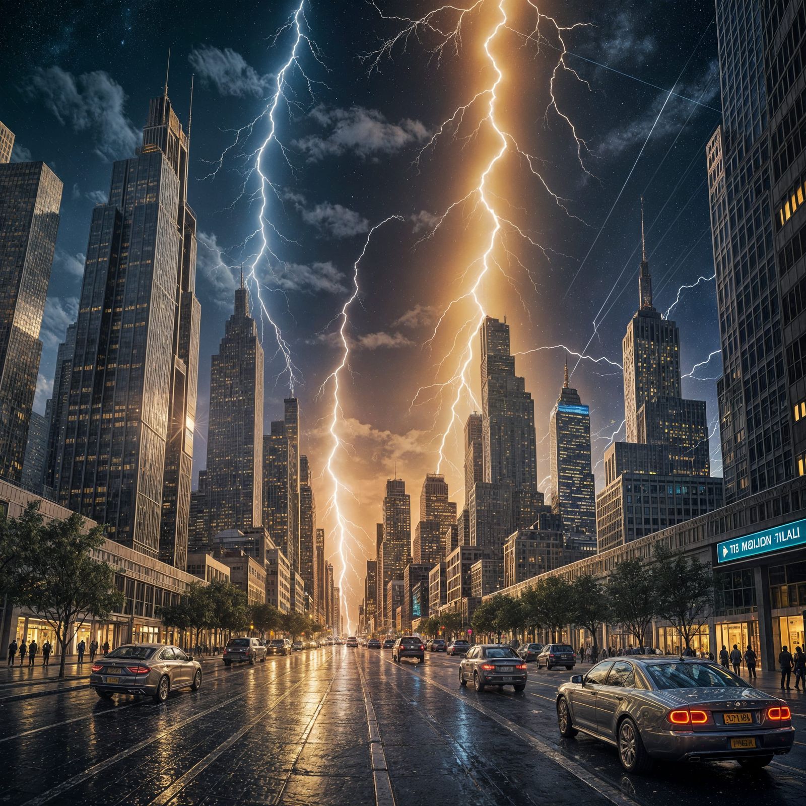 Golden Radiance Under Starry Night Sky