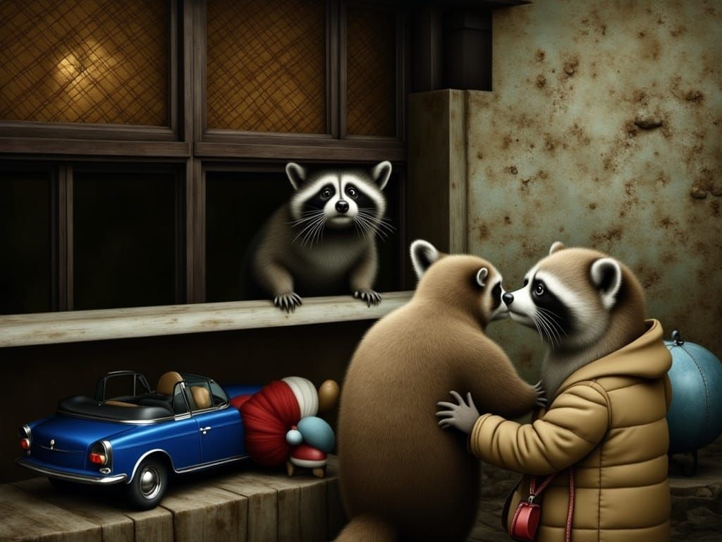 Raccoons at Screen Door in Pop Surreal Style