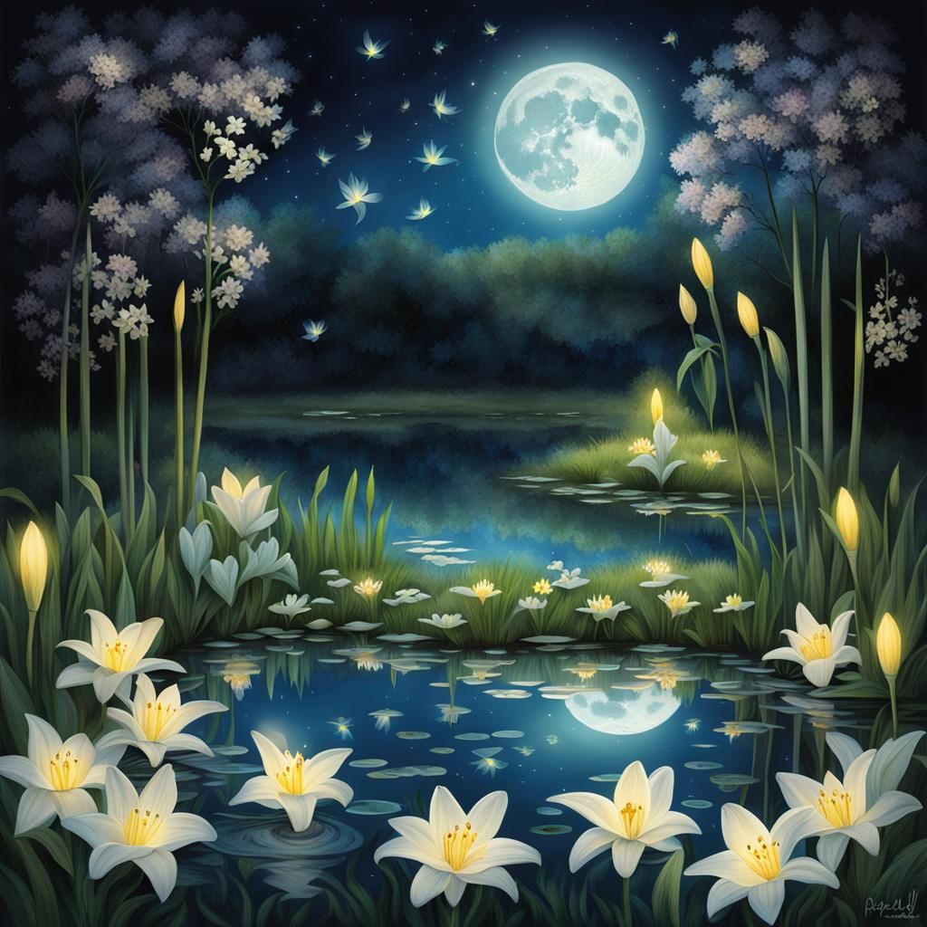 Moonlit Pond with Lilies and Fireflies