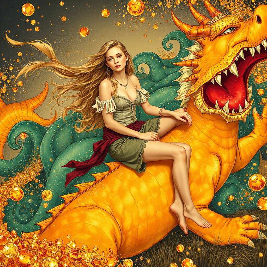 Woman on Gummy Dragon in Effervescent Sea, Art Nouveau Style