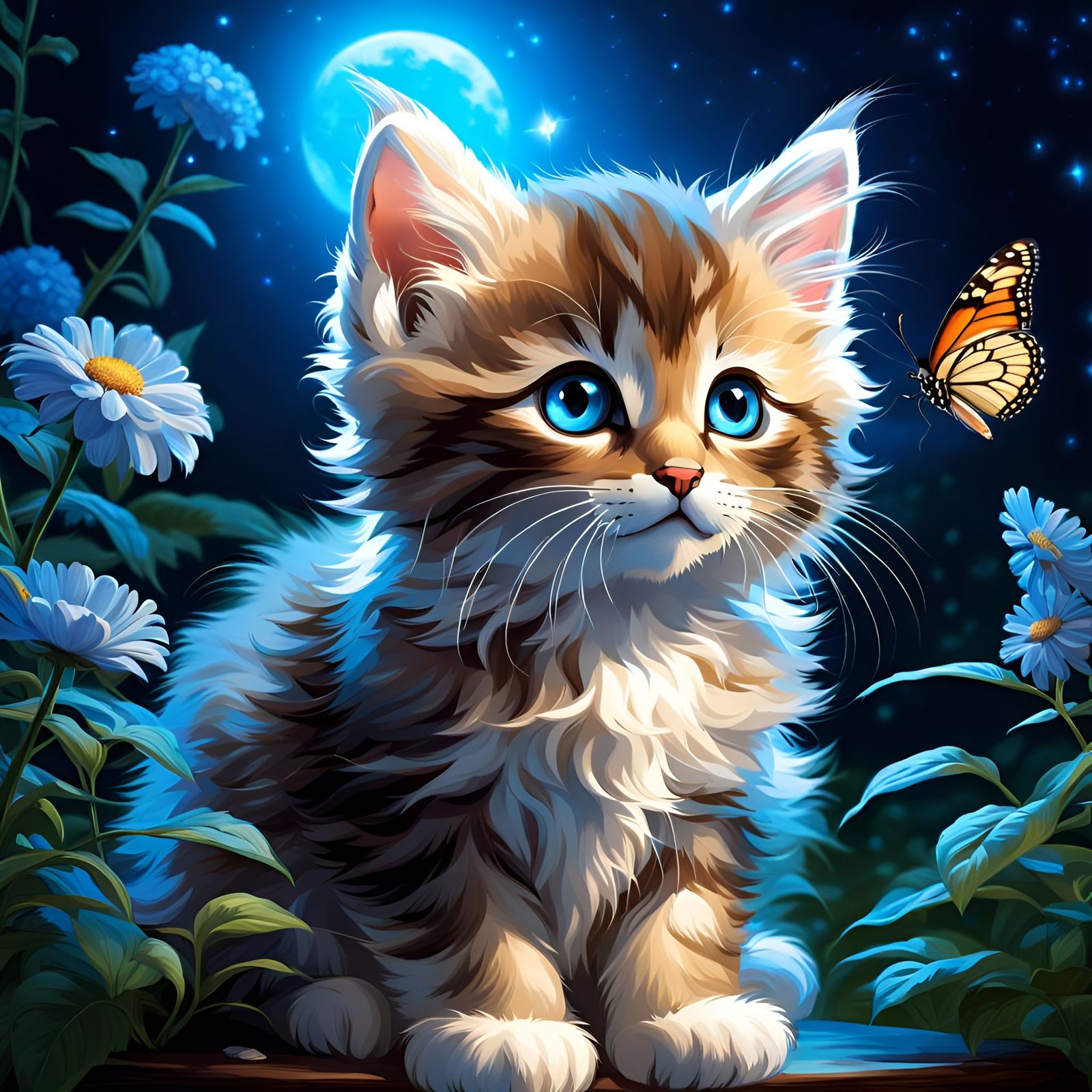 Kitten and Butterfly in Magical Art Nouveau Style
