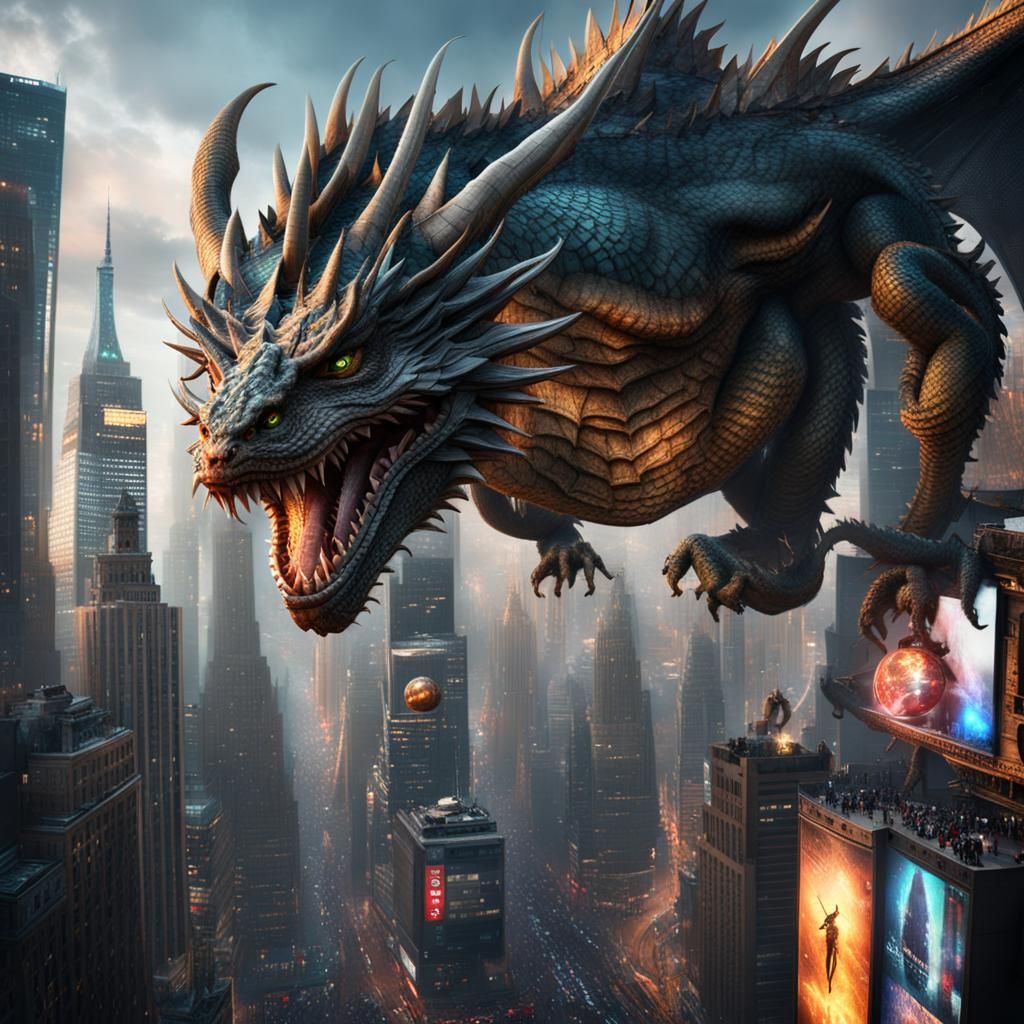 Times Square Ball Drop with Dragon: Digital Painting