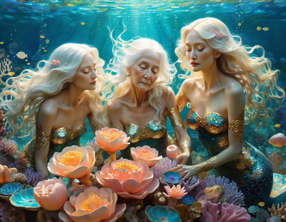 Mermaids Tending a Vibrant Coral Garden in a Golden Hour