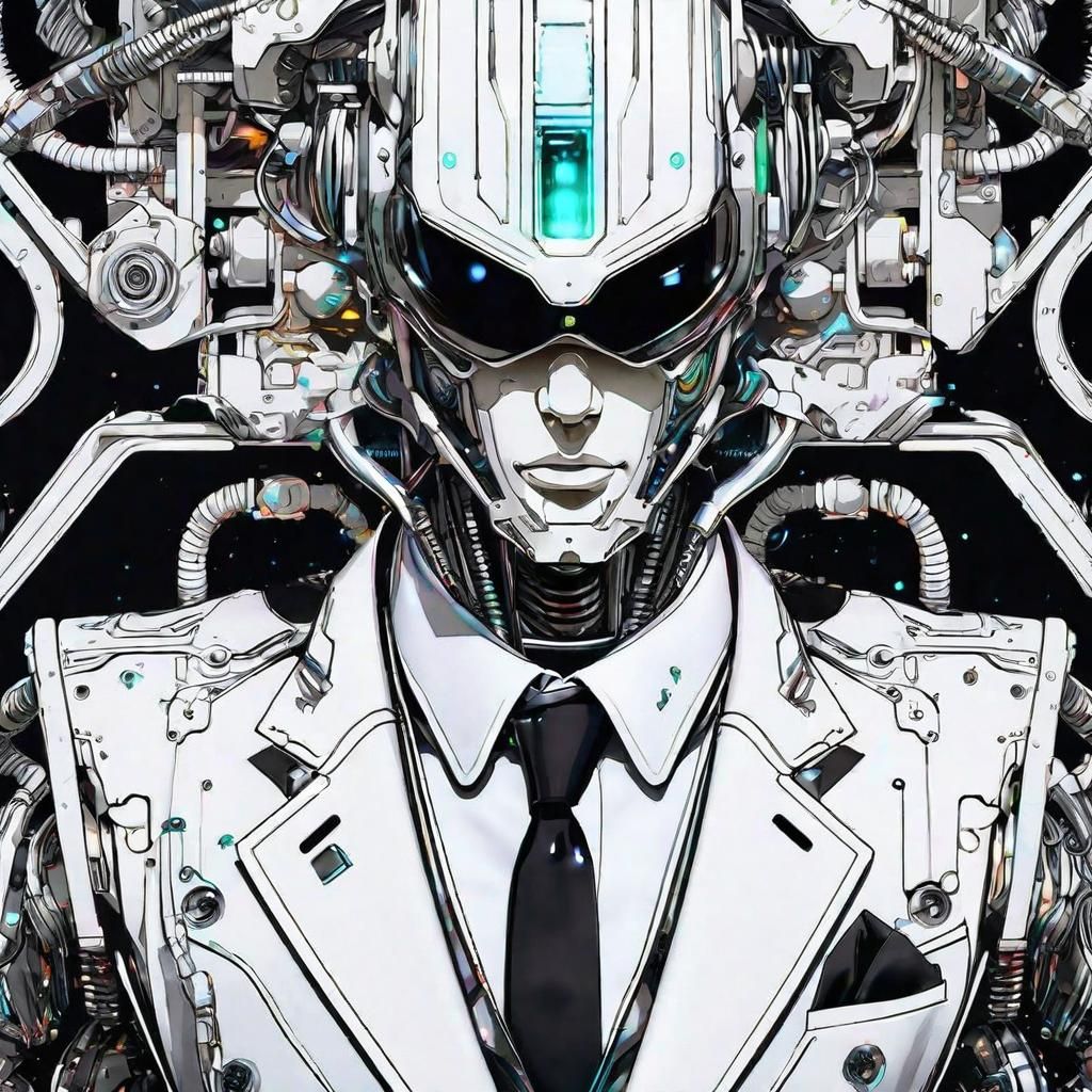 Mechanical Humanoid in Suit: Cyberpunk Watercolor Design