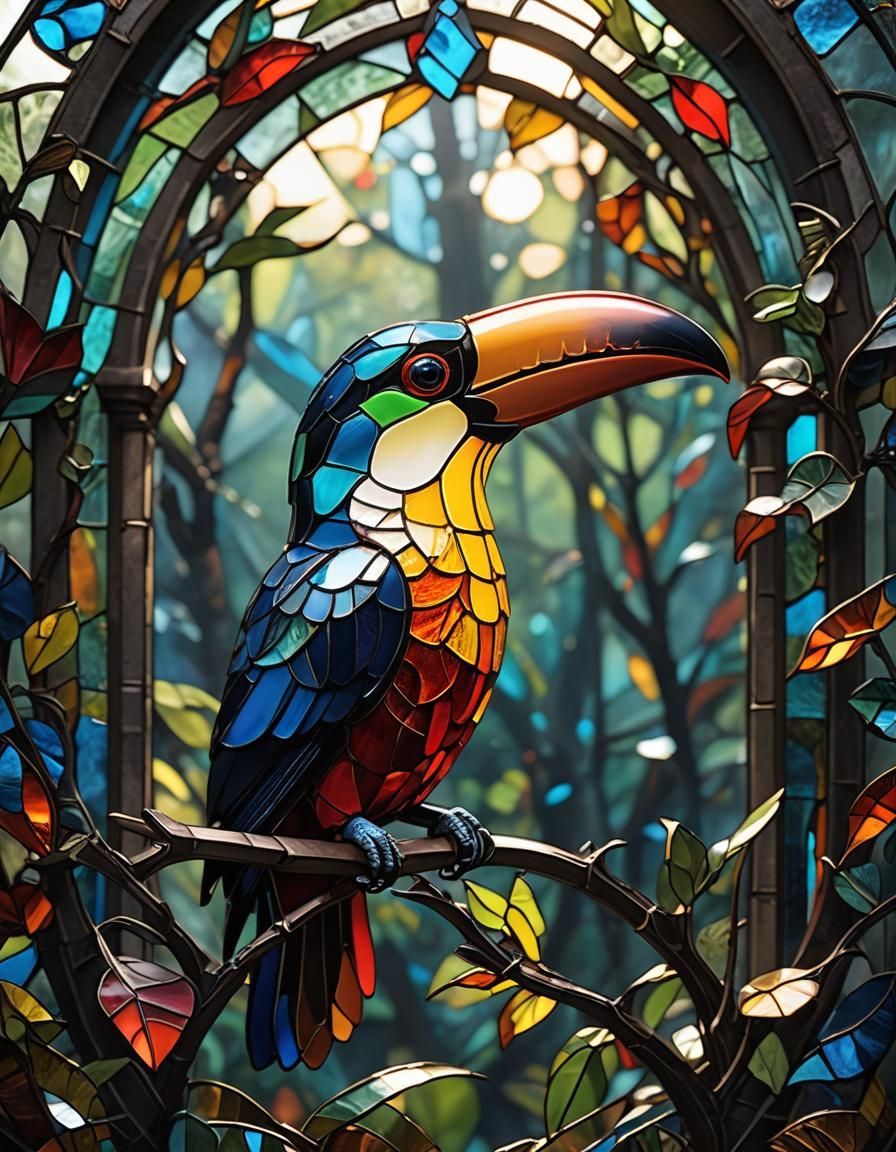 Luminous Stained Glass Toucan in Polychromatic Light