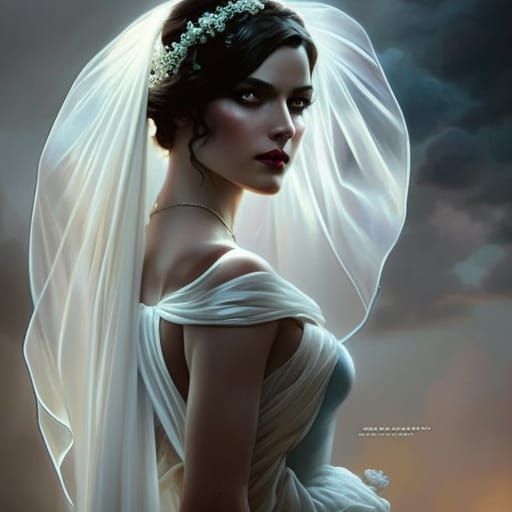 Ethereal Ghost Bride Portrait in Art Nouveau Style