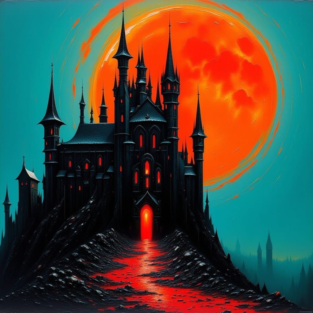 Dark Fantasy Castle Under a Blood Moon as Painting