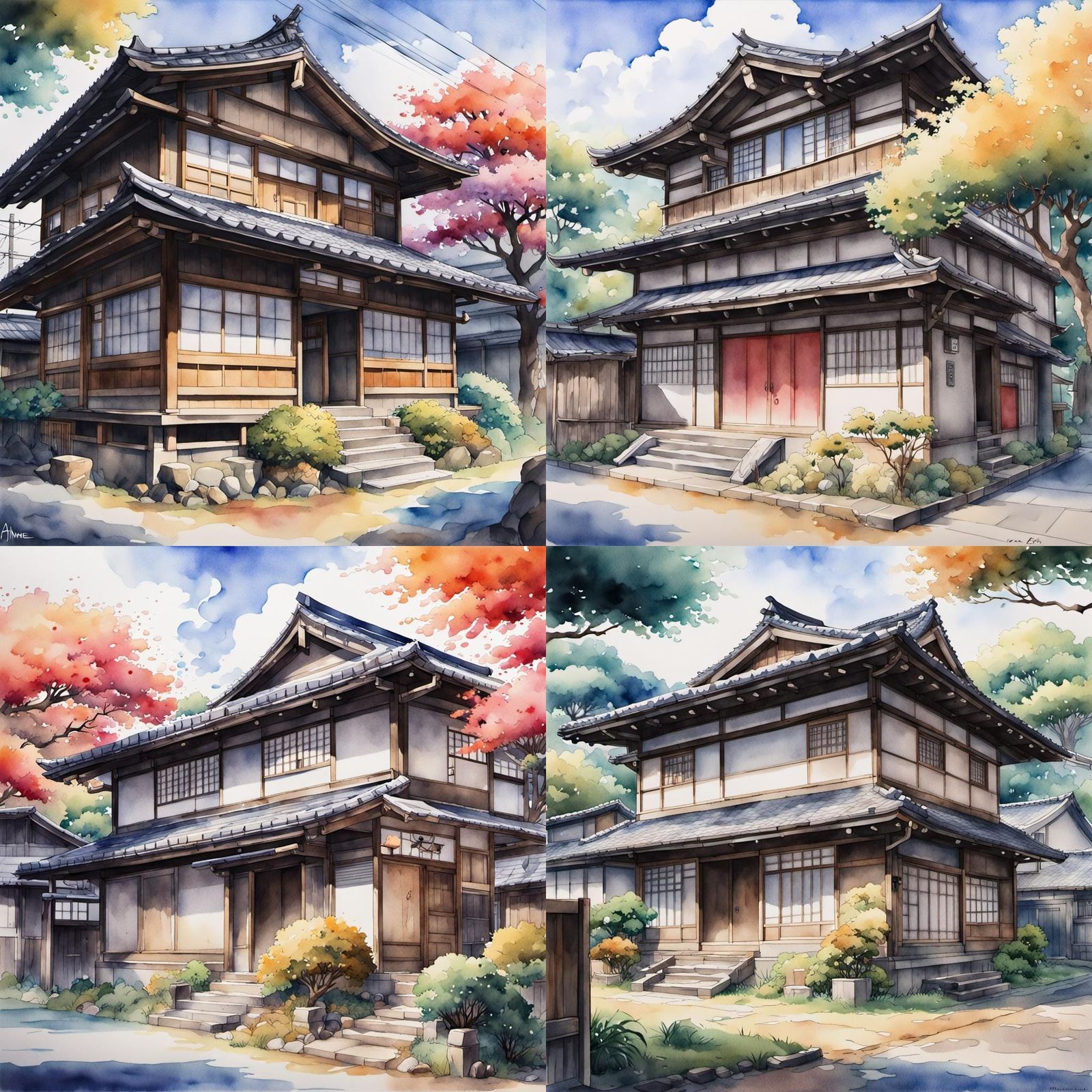 Typical old Japanese country house. watercolor