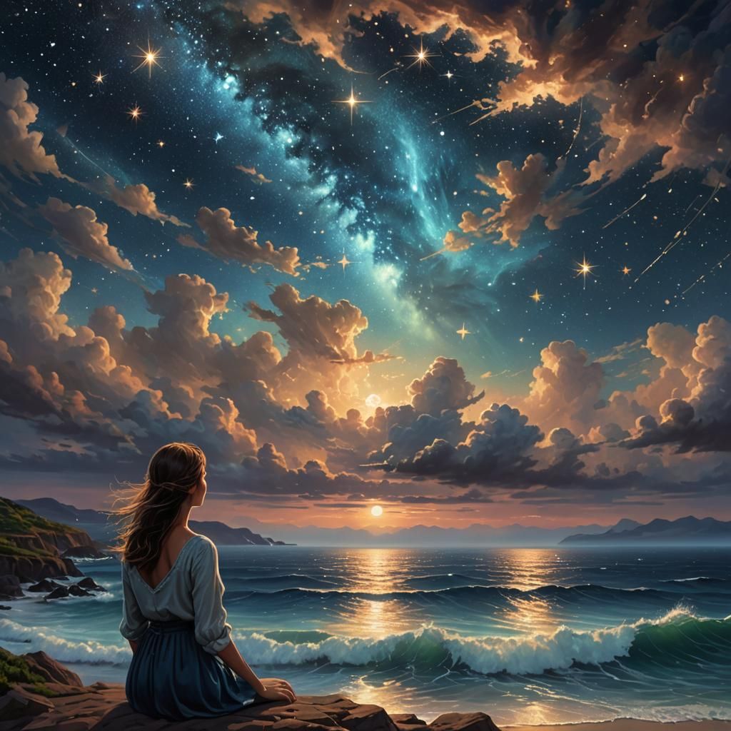 Woman Gazing at Starry Night Sky
