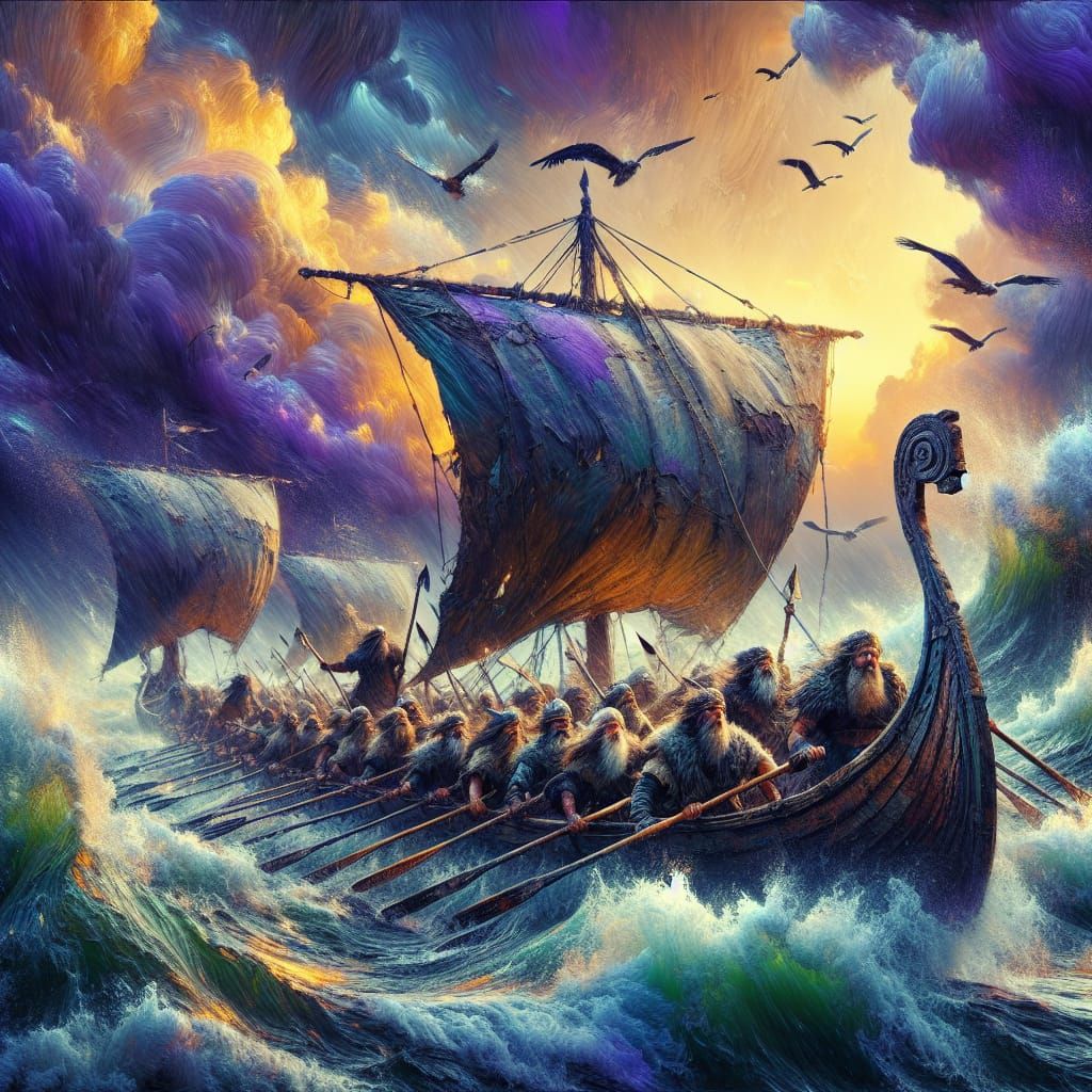 Viking Longboat in Stormy Seas: Dark Fantasy Oil Painting
