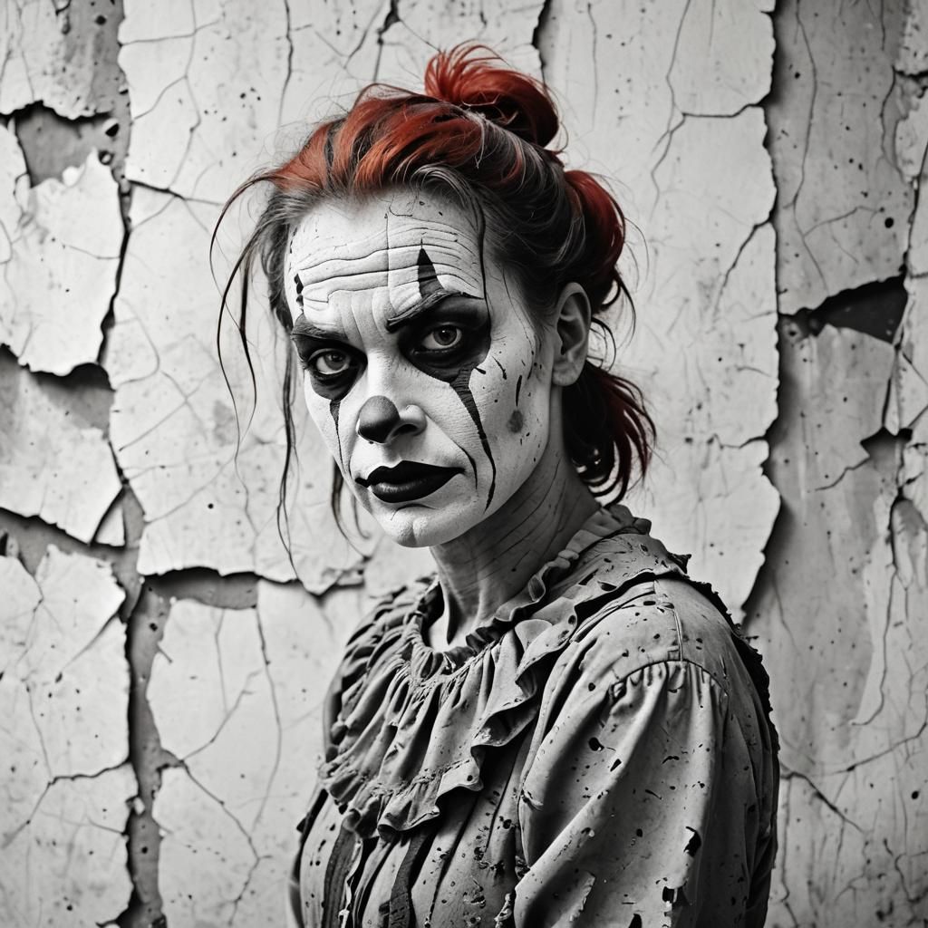 Grayscale Clown Portrait in a Futuristic Style