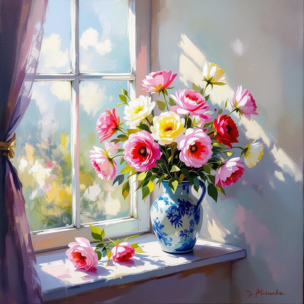 Impressionistic Flowers on Windowsill with Gold Accents