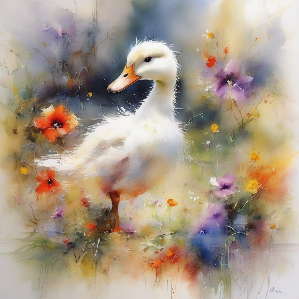 Playful Duckling in a Vibrant River Garden