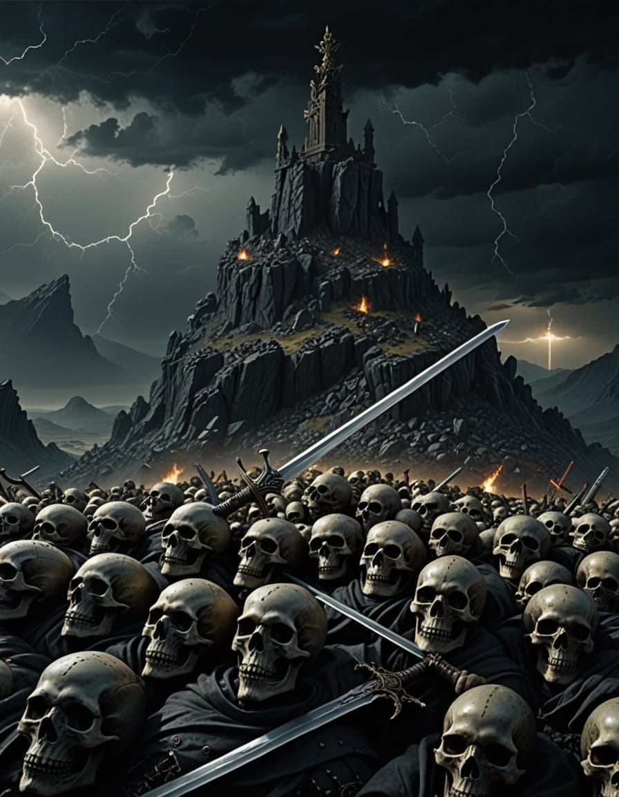 Dark Fantasy Sword on Skull Hill with Eerie Glow