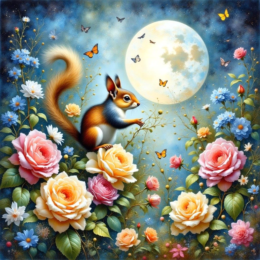 Squirrel's Rose Heist: Whimsical Watercolor Impasto