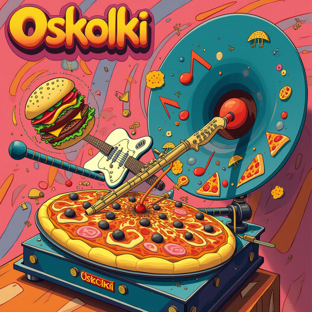 Pizza Record on Gramophone with Burgers and Music