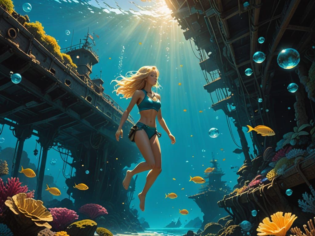 Blonde Diver Swims Beside Ancient Shipwreck in Sunlit Ocean