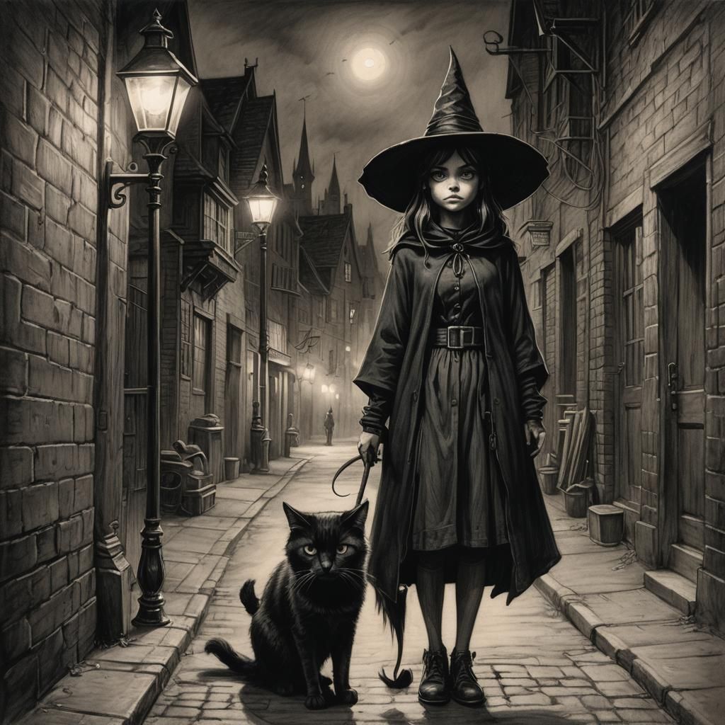 Young Witch and Black Cat in Charcoal Drawing