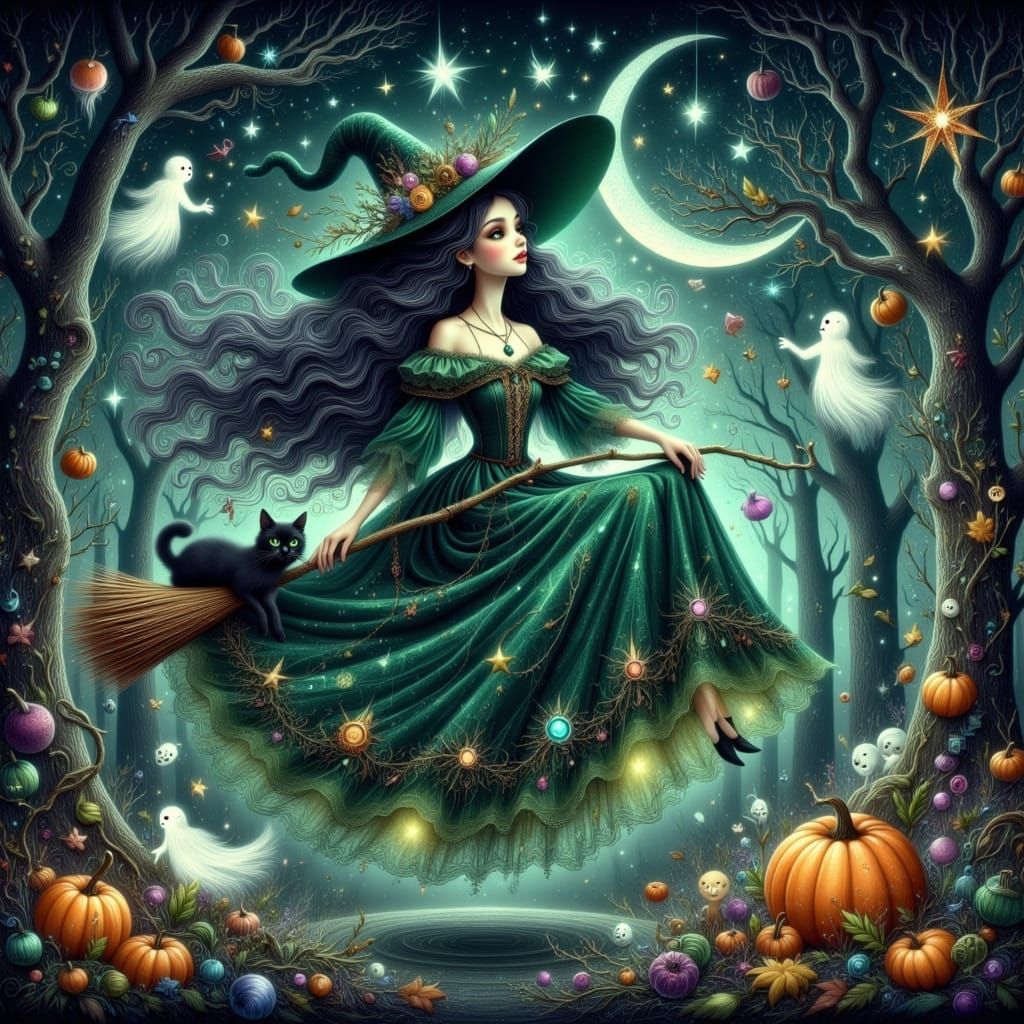 Enchanting Witch Flying Through Spooky Forest at Night