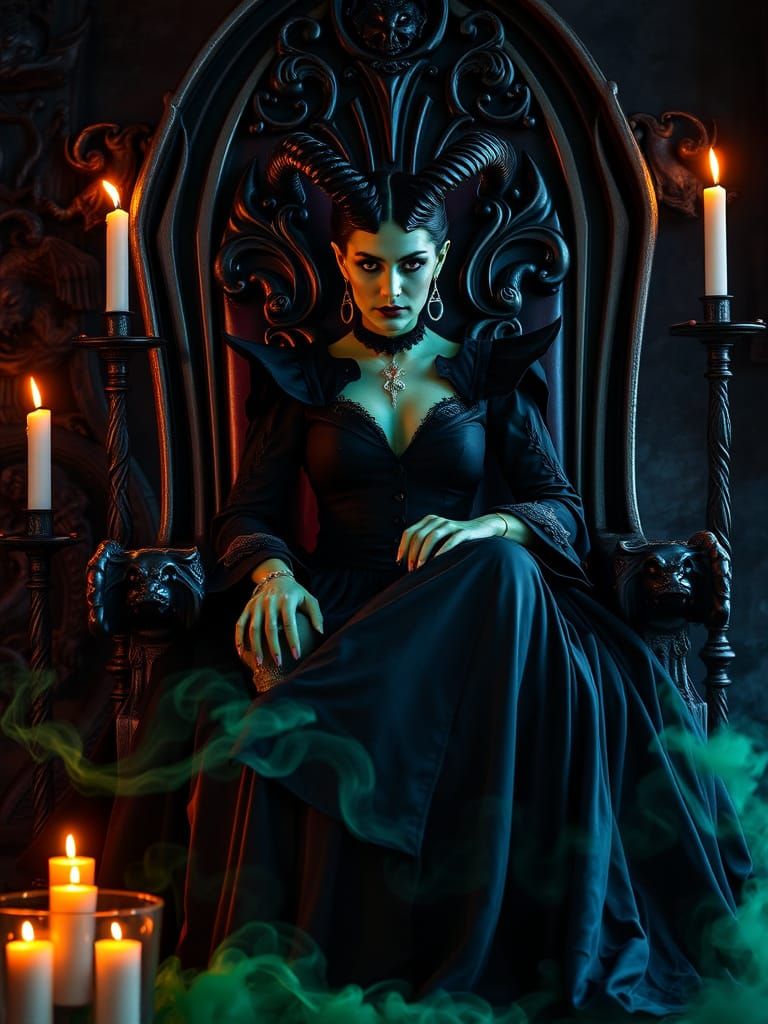 Green-Skinned Sorceress on Gothic Throne in Eerie Ambiance