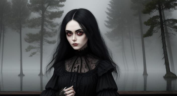 Gothic Doll in Mysterious Forest by a Serene Lake