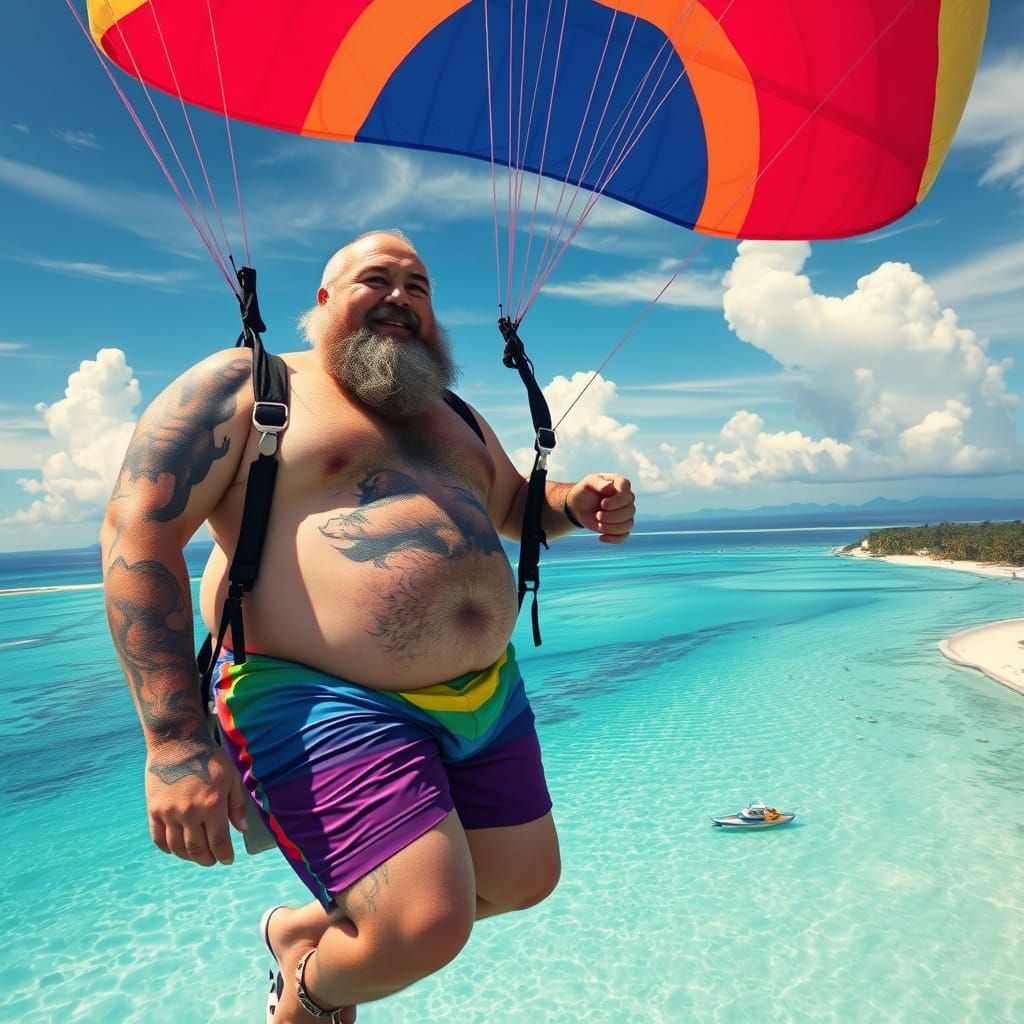 Gay Man Paragliding in Hyperrealistic Style