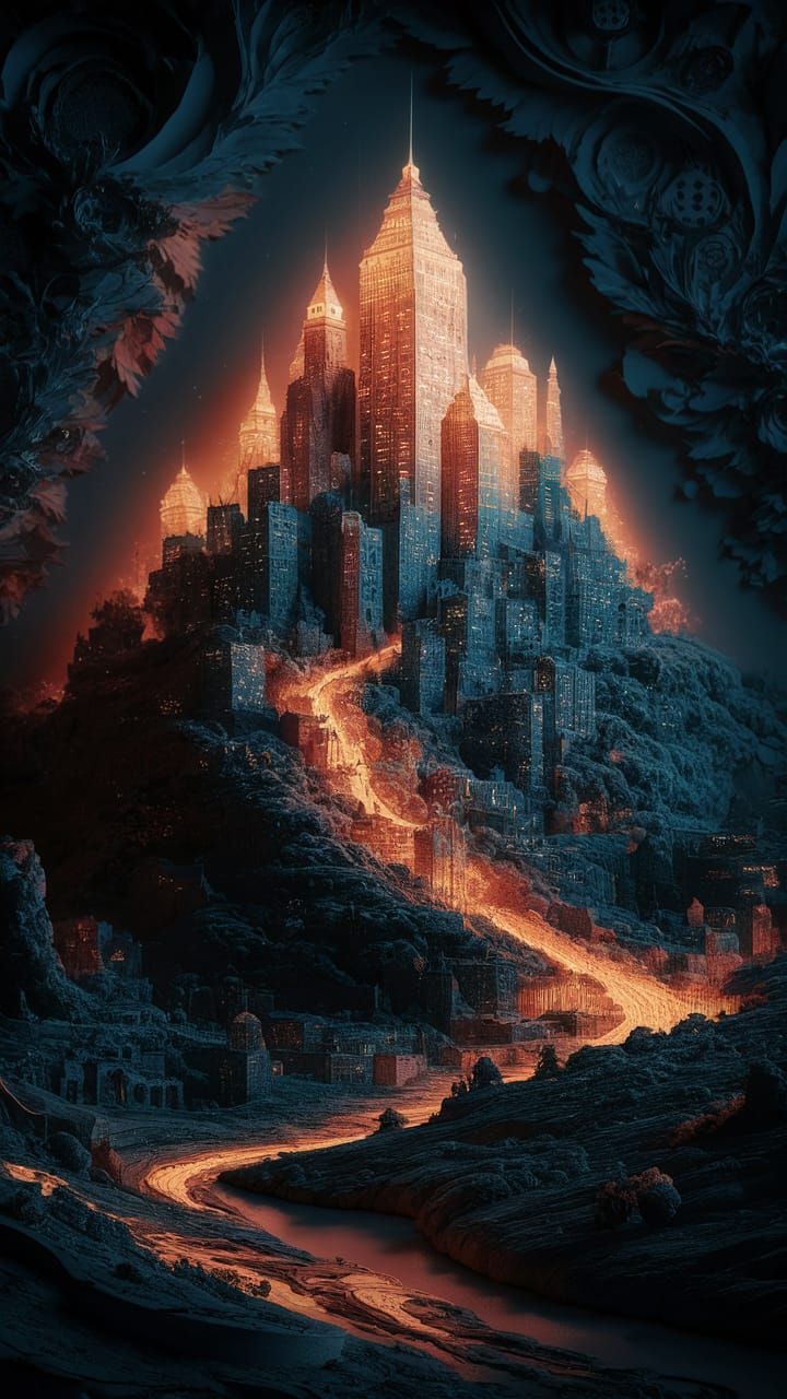 Glowing Metropolis on a Hill in Patchouliwork Style