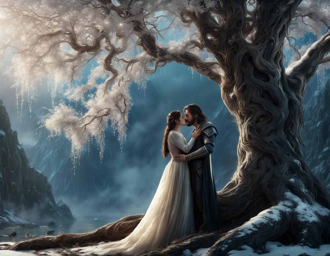 Arwen and Aragorn Kiss Before the White Tree