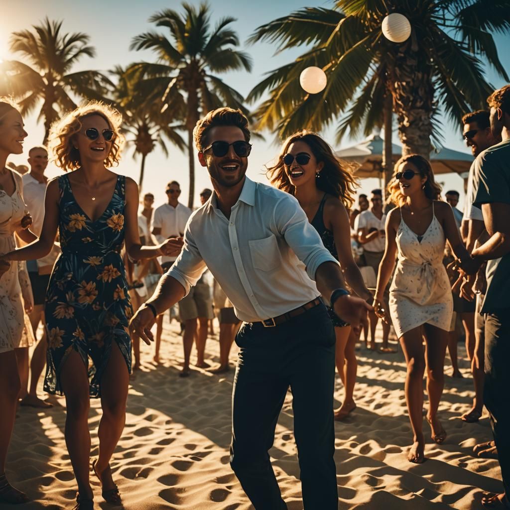 People Dancing at Beach Club in Golden Hour