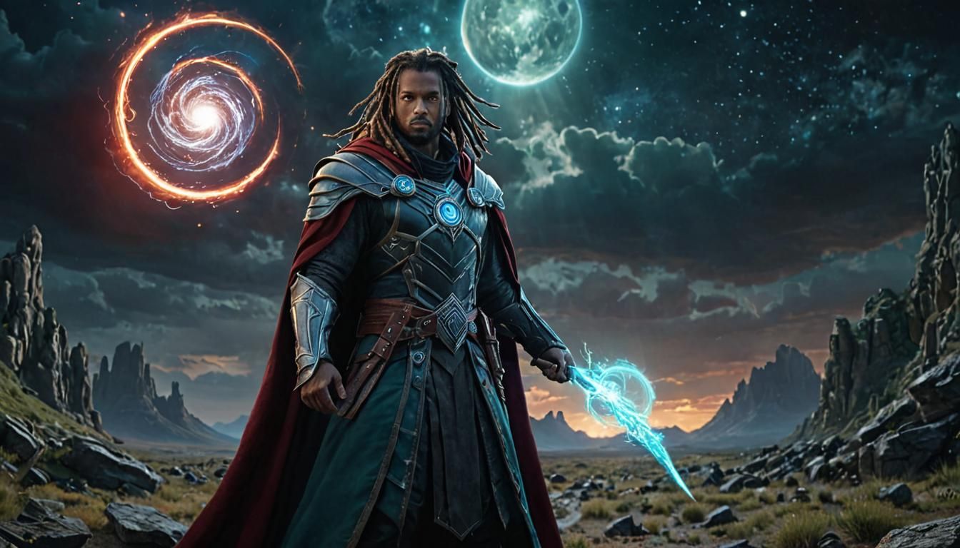 Heroic Sorcerer Warlock Warrior in a Celestial Landscape