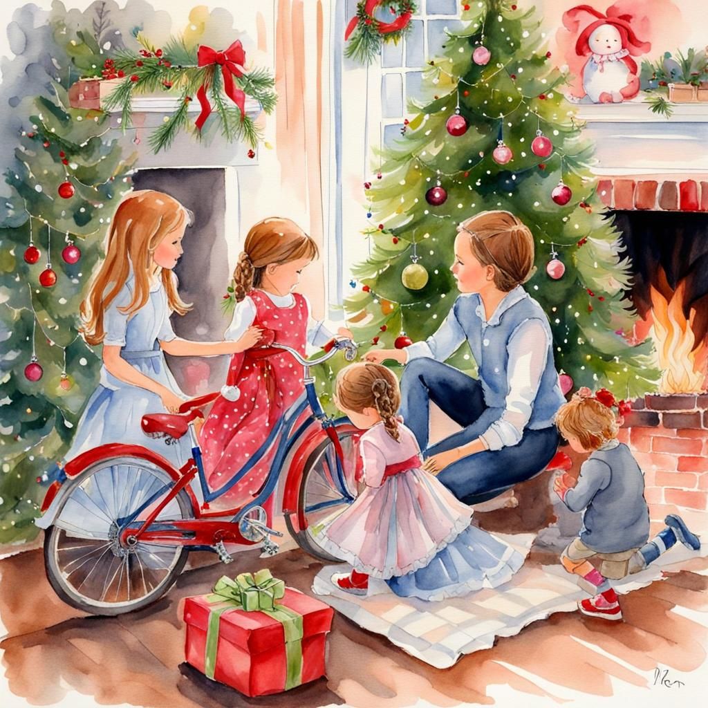 Christmas Morning Family Scene in Watercolor Style
